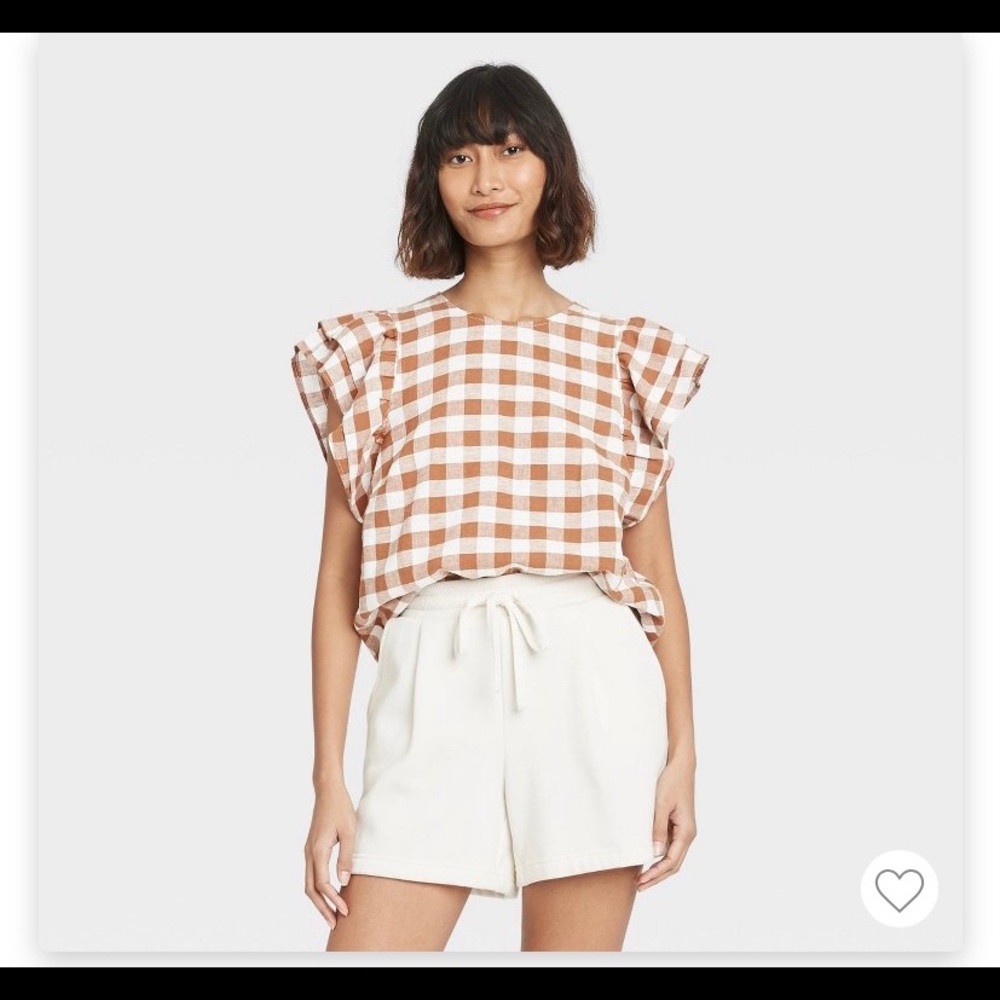 Gingham checks ruffle short sleeve linen top
